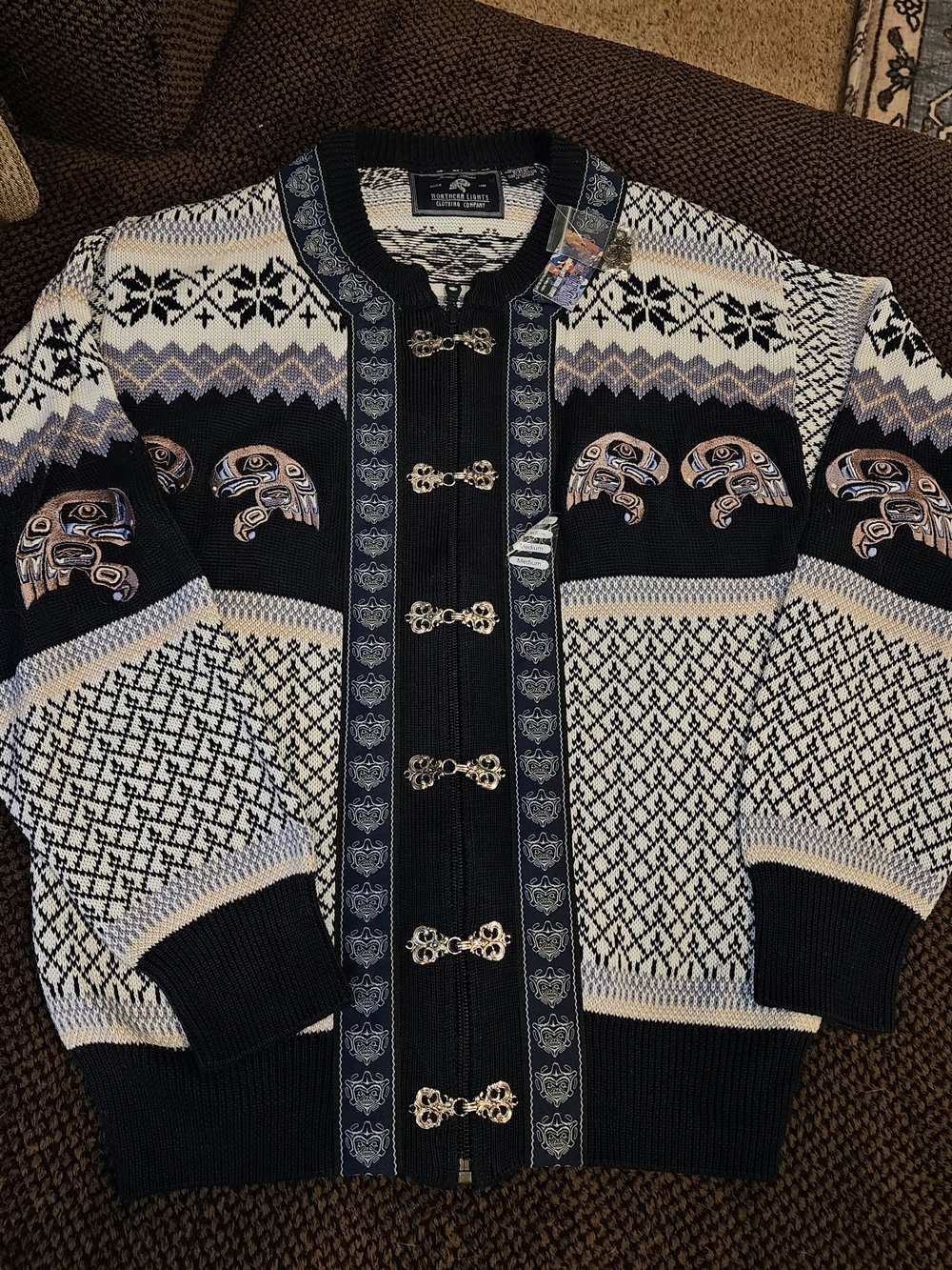 SZ M Vintage Northern Lights Blue Silver Eagle Clasp Sweater Cardigan